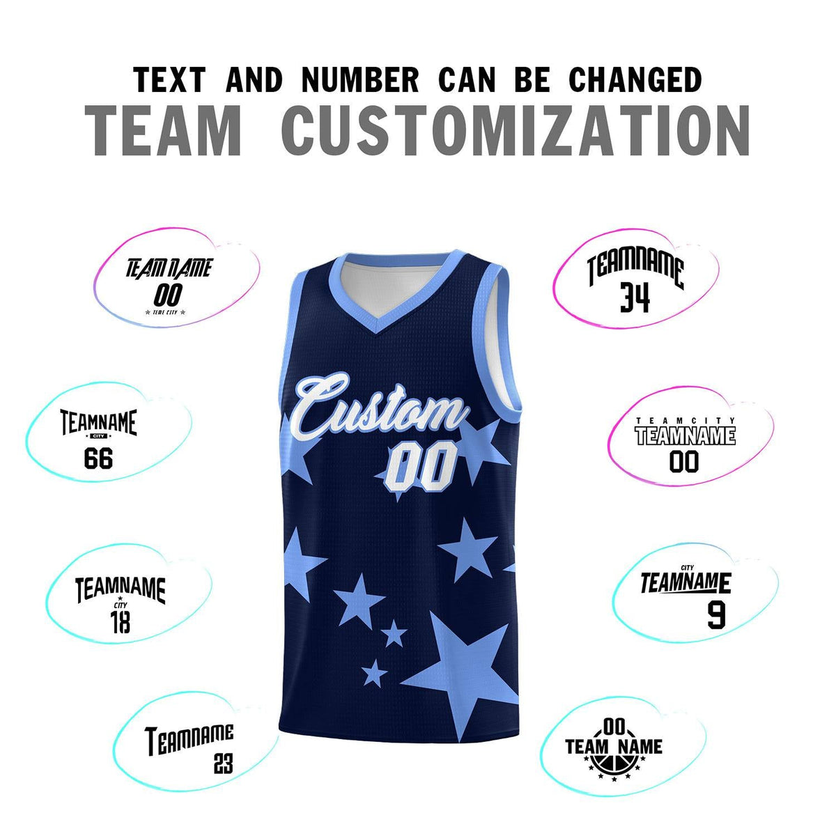 Custom Navy Light Blue Graffiti Pattern Star Print Basketball Jersey Kits|KXKSHOP