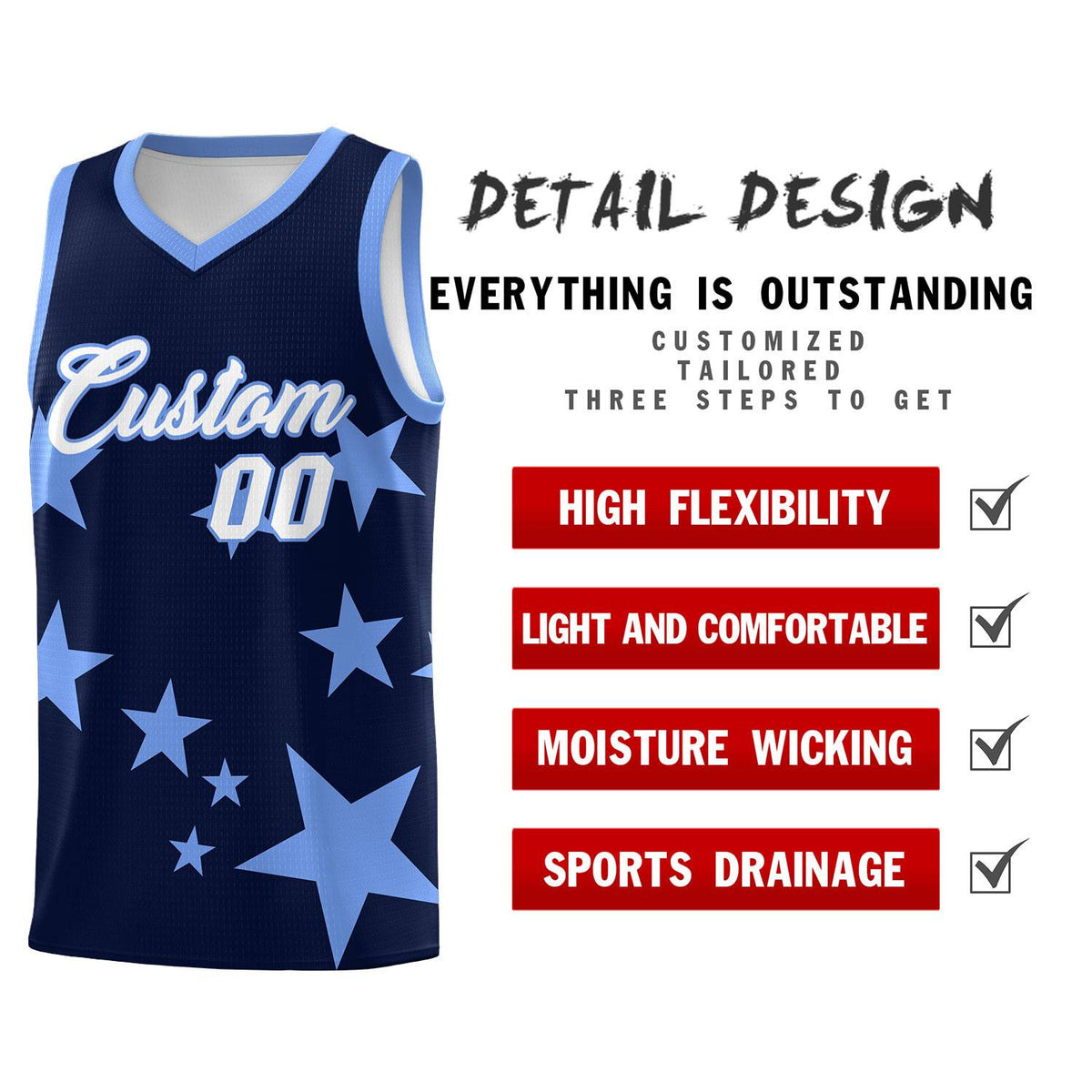 Custom Navy Light Blue Graffiti Pattern Star Print Basketball Jersey Kits|KXKSHOP