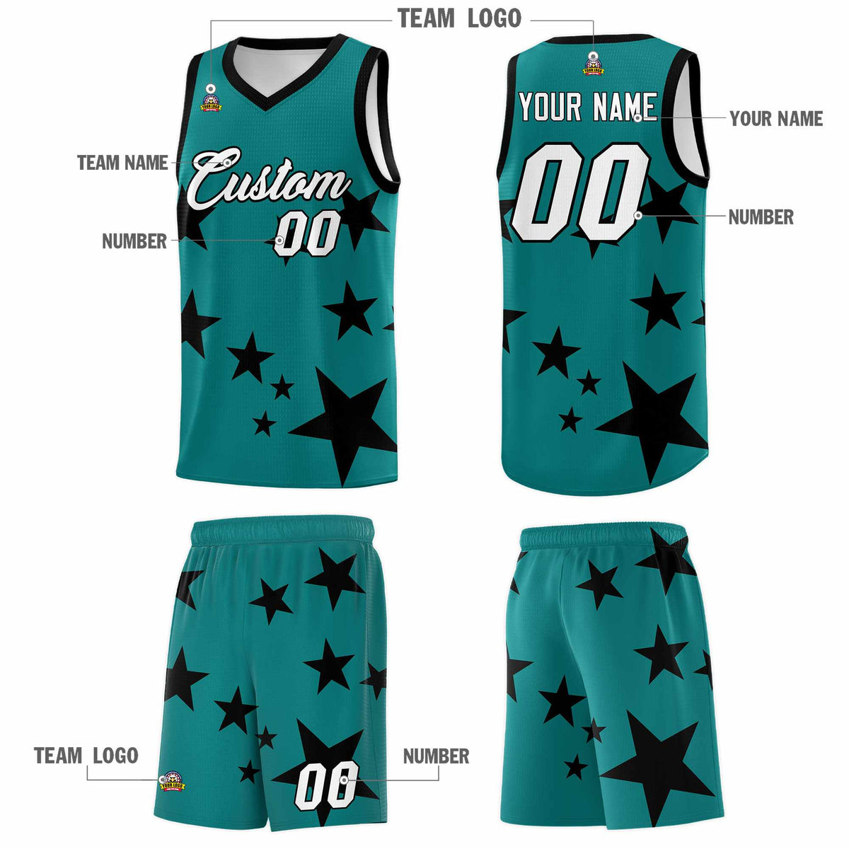Custom Aqua Black Graffiti Pattern Star Print Basketball Jersey Kits|KXKSHOP