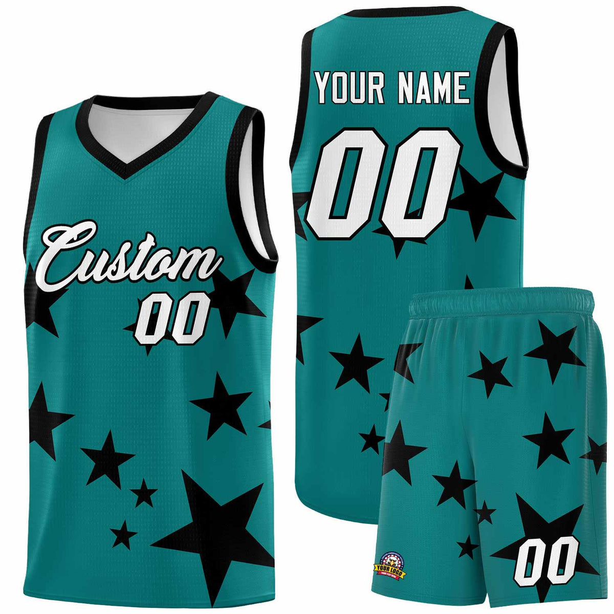 Custom Aqua Black Graffiti Pattern Star Print Basketball Jersey Kits|KXKSHOP