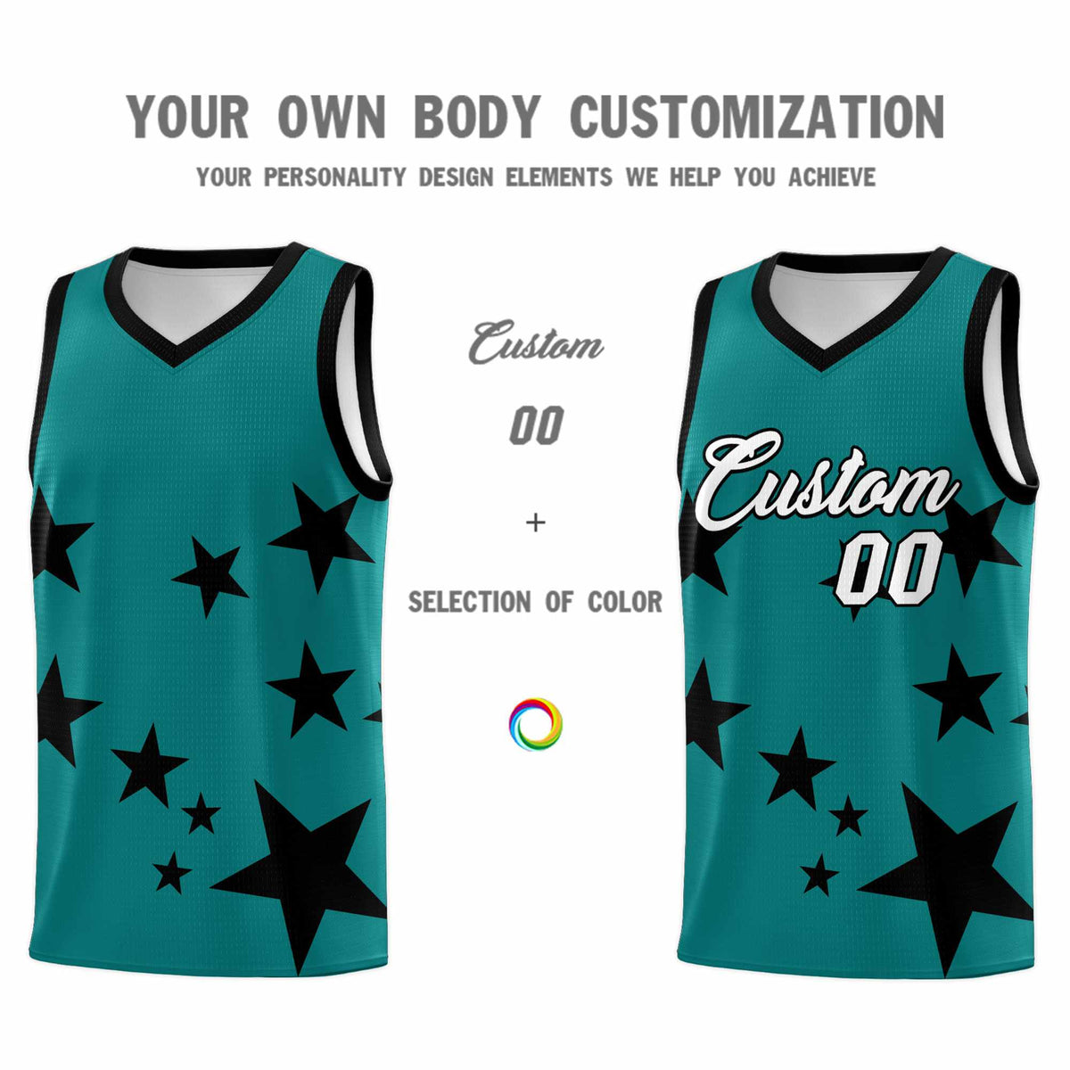 Custom Aqua Black Graffiti Pattern Star Print Basketball Jersey Kits|KXKSHOP
