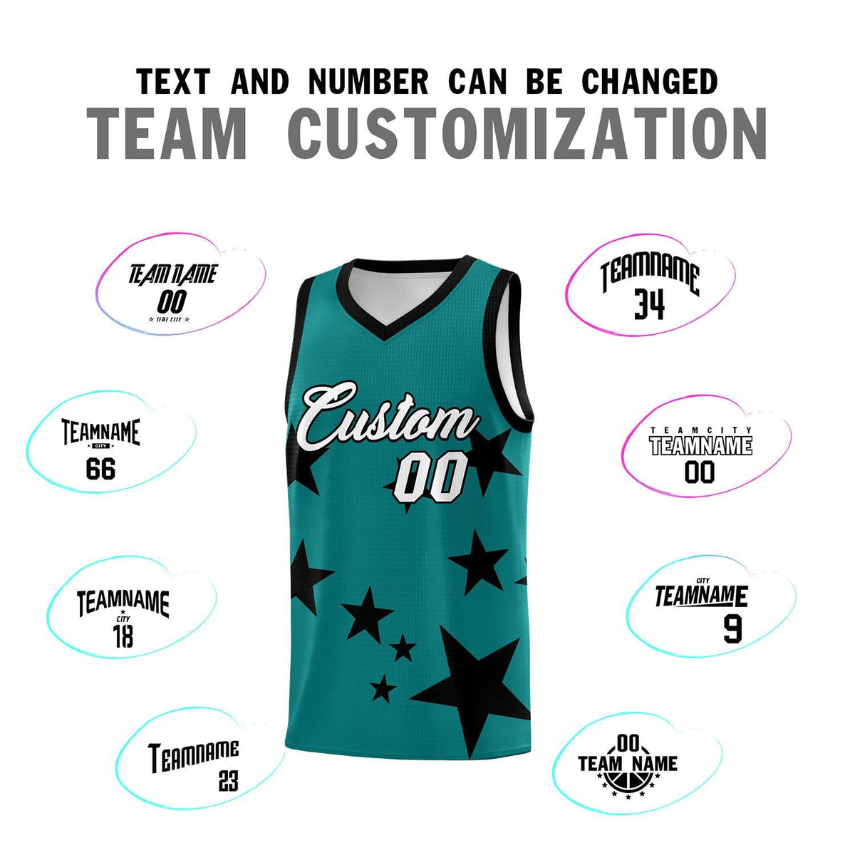 Custom Aqua Black Graffiti Pattern Star Print Basketball Jersey Kits|KXKSHOP