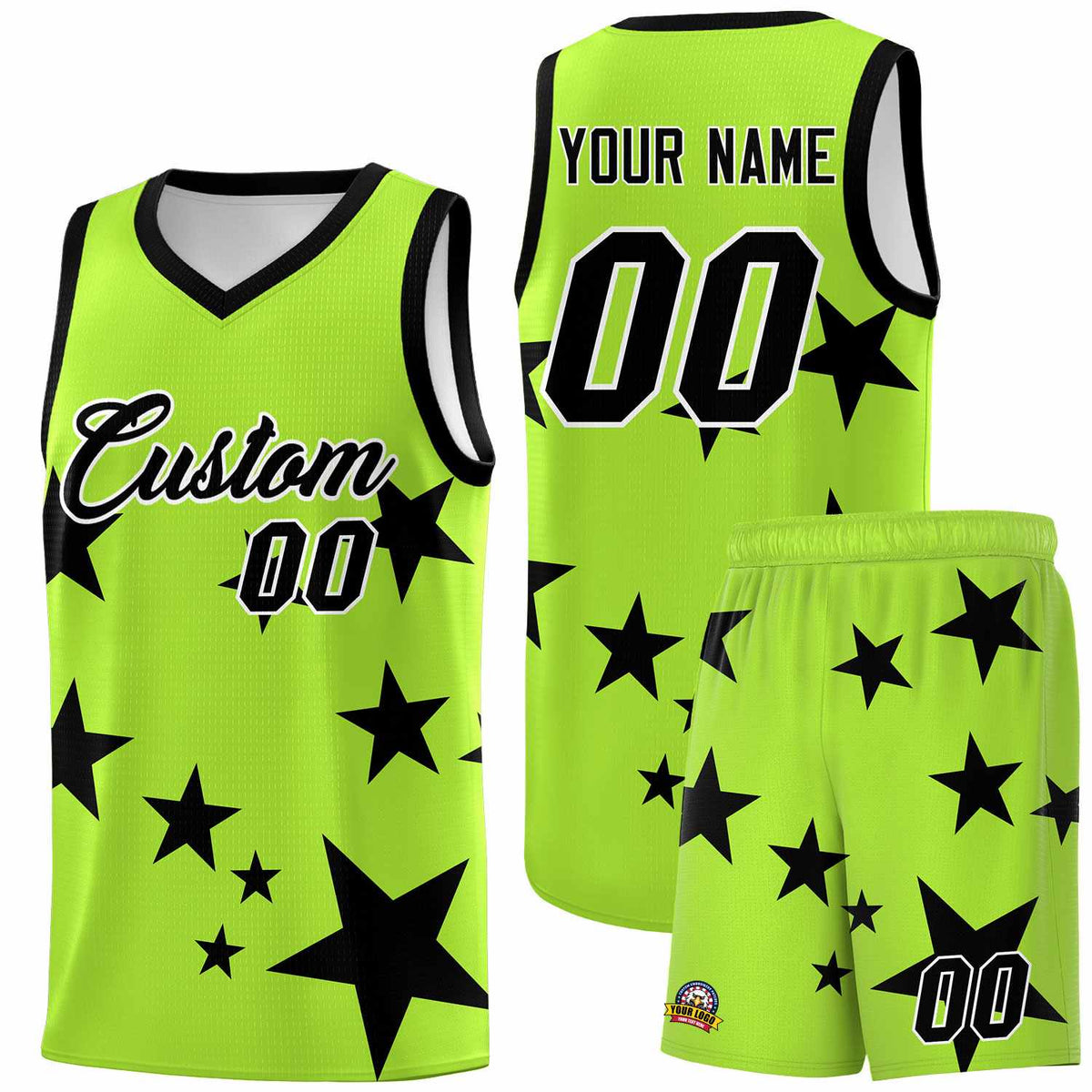 Custom Light Green Black Graffiti Pattern Star Print Basketball Jersey Kits|KXKSHOP