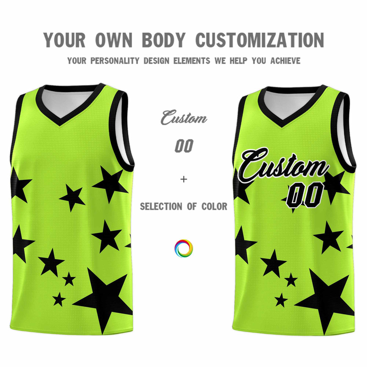 Custom Light Green Black Graffiti Pattern Star Print Basketball Jersey Kits|KXKSHOP