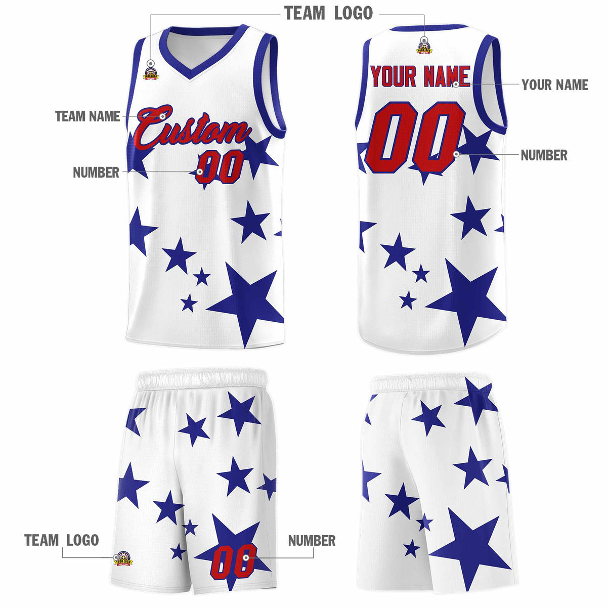 Custom White Royal Graffiti Pattern Star Print Basketball Jersey Kits|KXKSHOP