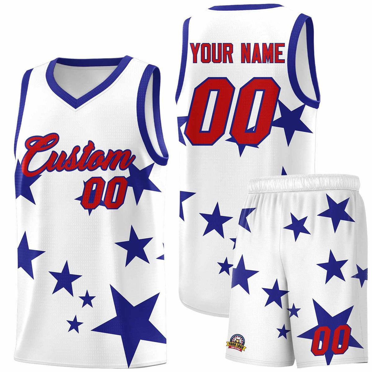 Custom White Royal Graffiti Pattern Star Print Basketball Jersey Kits|KXKSHOP