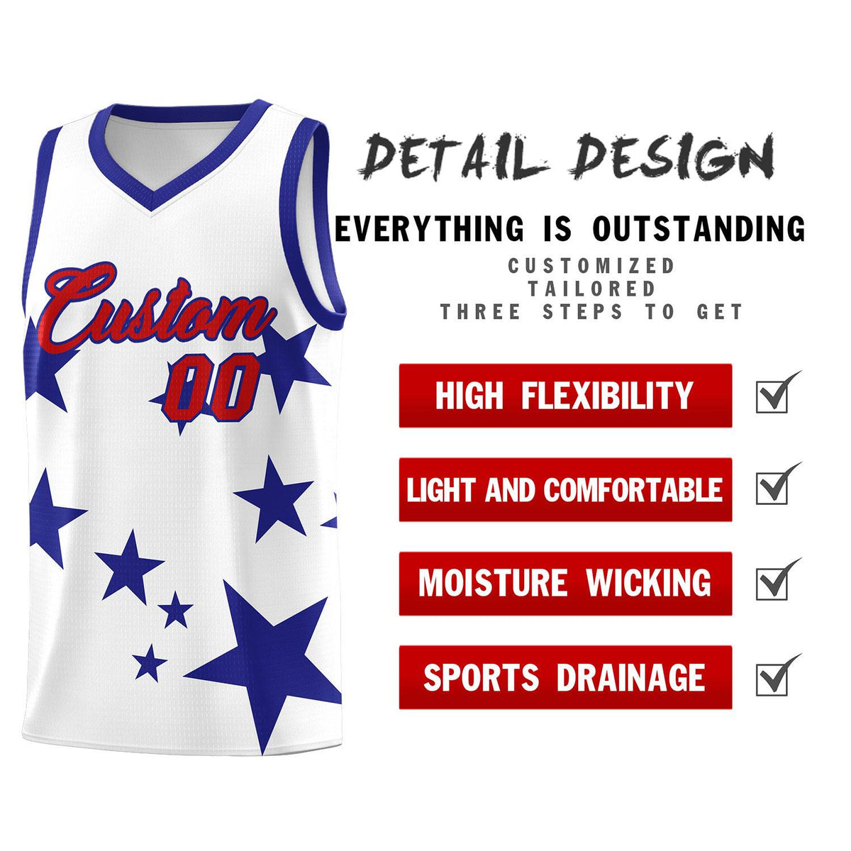 Custom White Royal Graffiti Pattern Star Print Basketball Jersey Kits|KXKSHOP