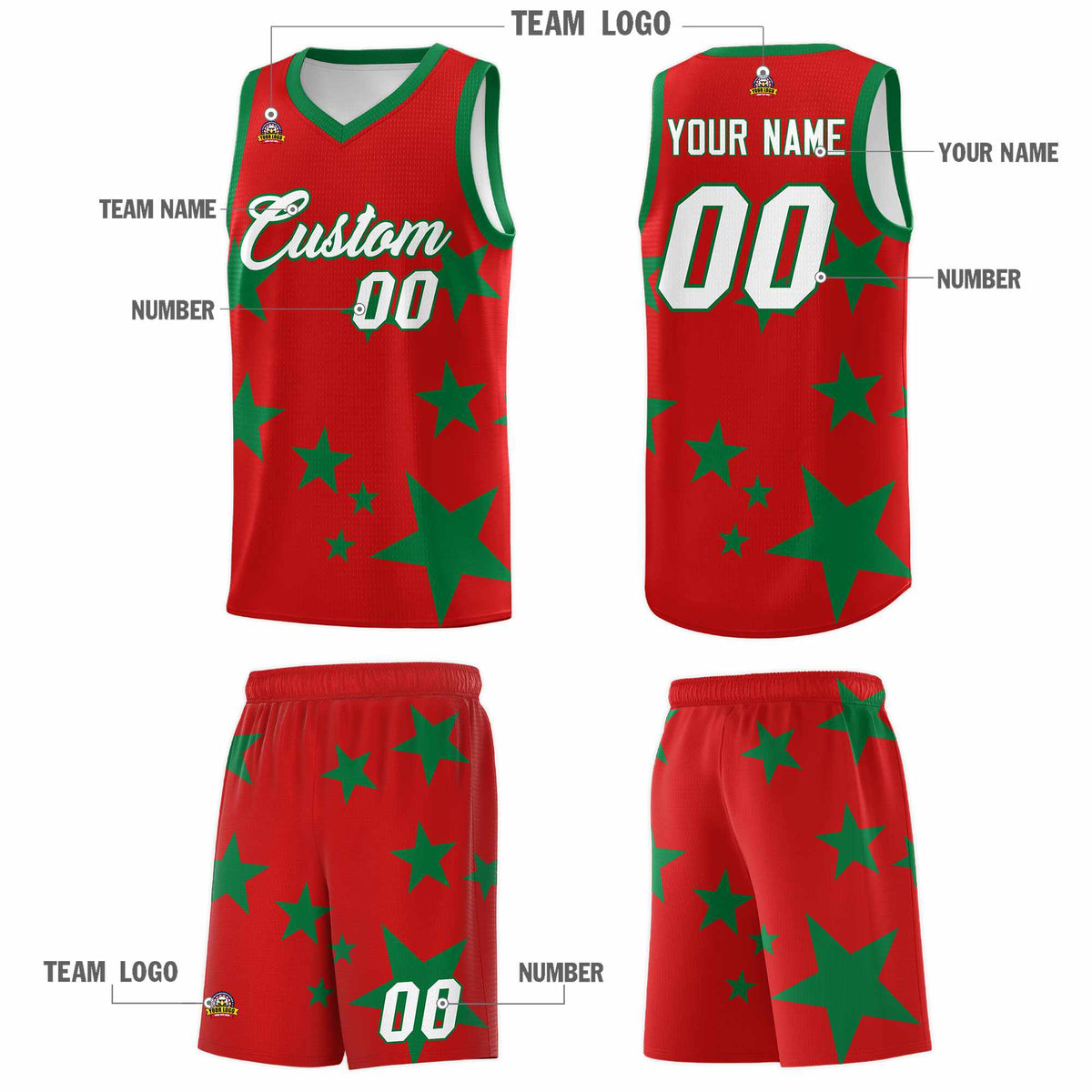 Custom Red Kelly Green Graffiti Pattern Star Print Basketball Jersey Kits|KXKSHOP
