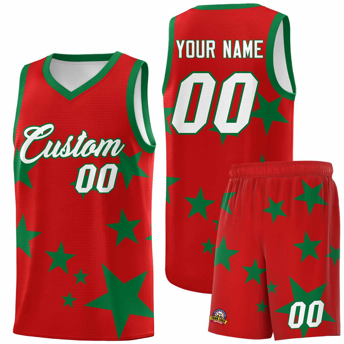Custom Red Kelly Green Graffiti Pattern Star Print Basketball Jersey Kits|KXKSHOP