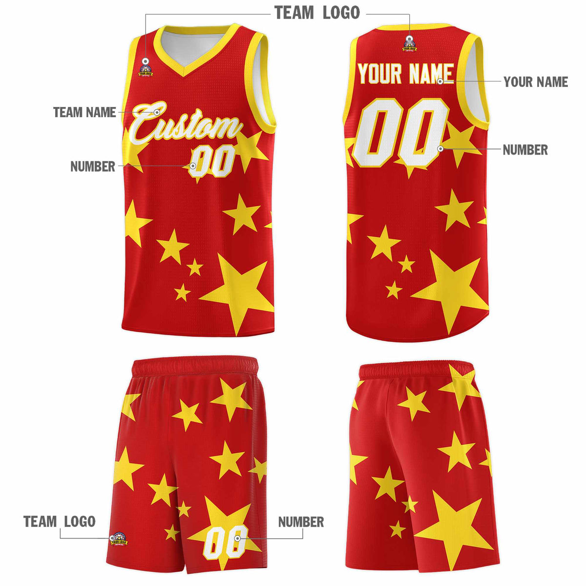 Custom Red Gold Graffiti Pattern Star Print Basketball Jersey Kits|KXKSHOP