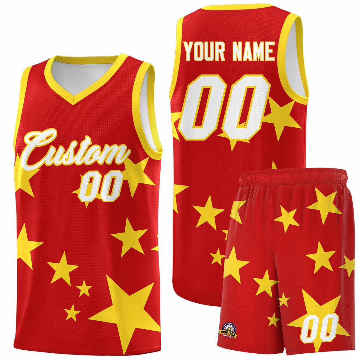 Custom Red Gold Graffiti Pattern Star Print Basketball Jersey Kits|KXKSHOP