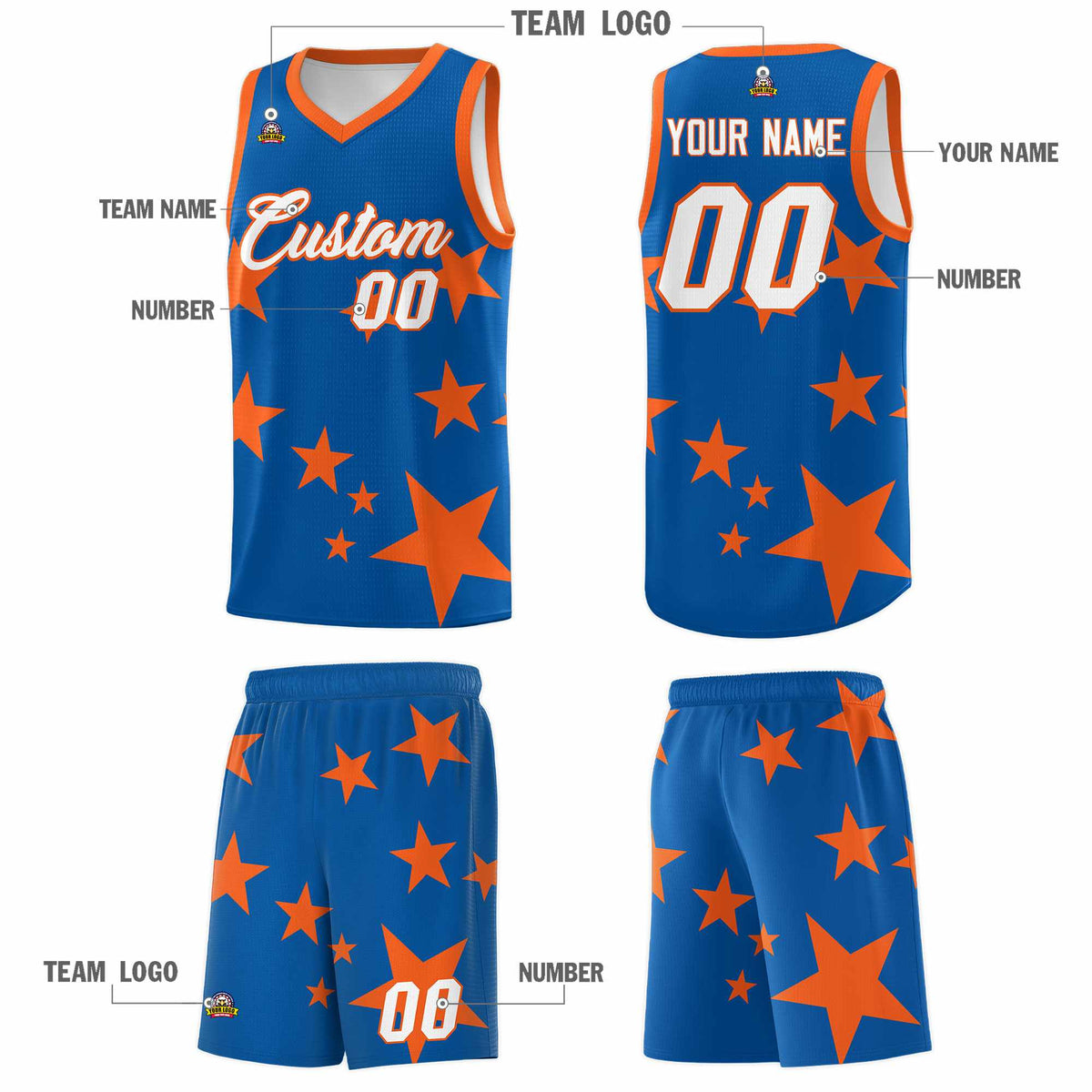 Custom Royal Orange Graffiti Pattern Star Print Basketball Jersey Kits|KXKSHOP