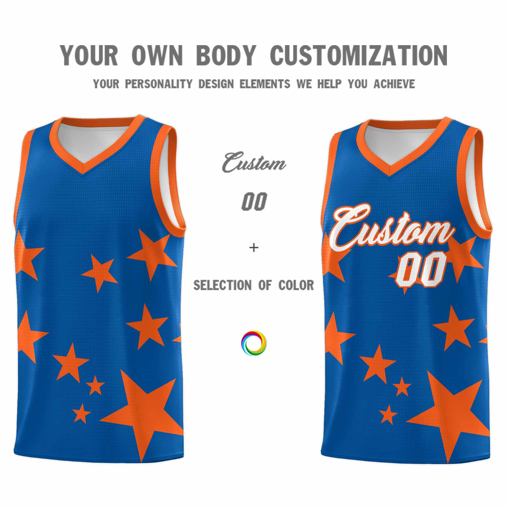 Custom Royal Orange Graffiti Pattern Star Print Basketball Jersey Kits|KXKSHOP