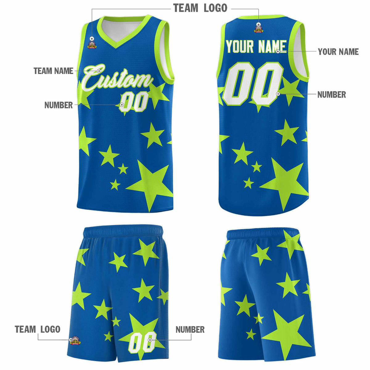 Custom Royal Light Green Graffiti Pattern Star Print Basketball Jersey Kits|KXKSHOP