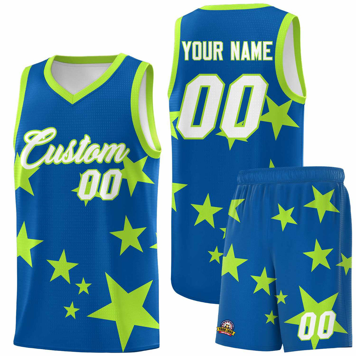 Custom Royal Light Green Graffiti Pattern Star Print Basketball Jersey Kits|KXKSHOP