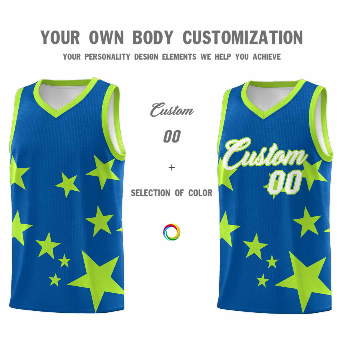 Custom Royal Light Green Graffiti Pattern Star Print Basketball Jersey Kits|KXKSHOP