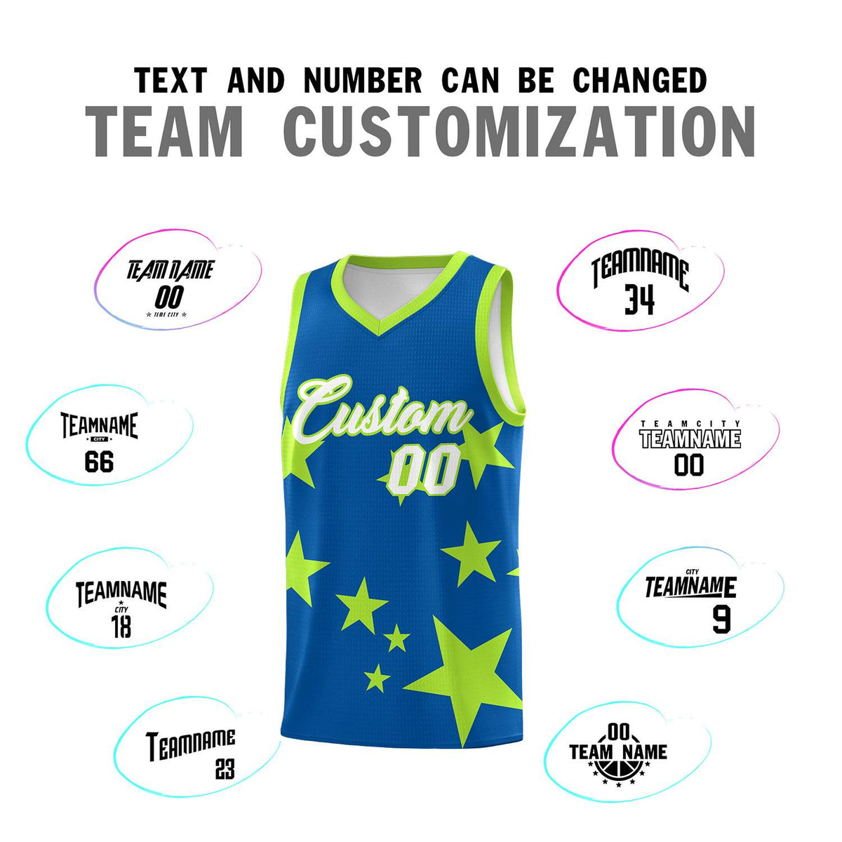 Custom Royal Light Green Graffiti Pattern Star Print Basketball Jersey Kits|KXKSHOP