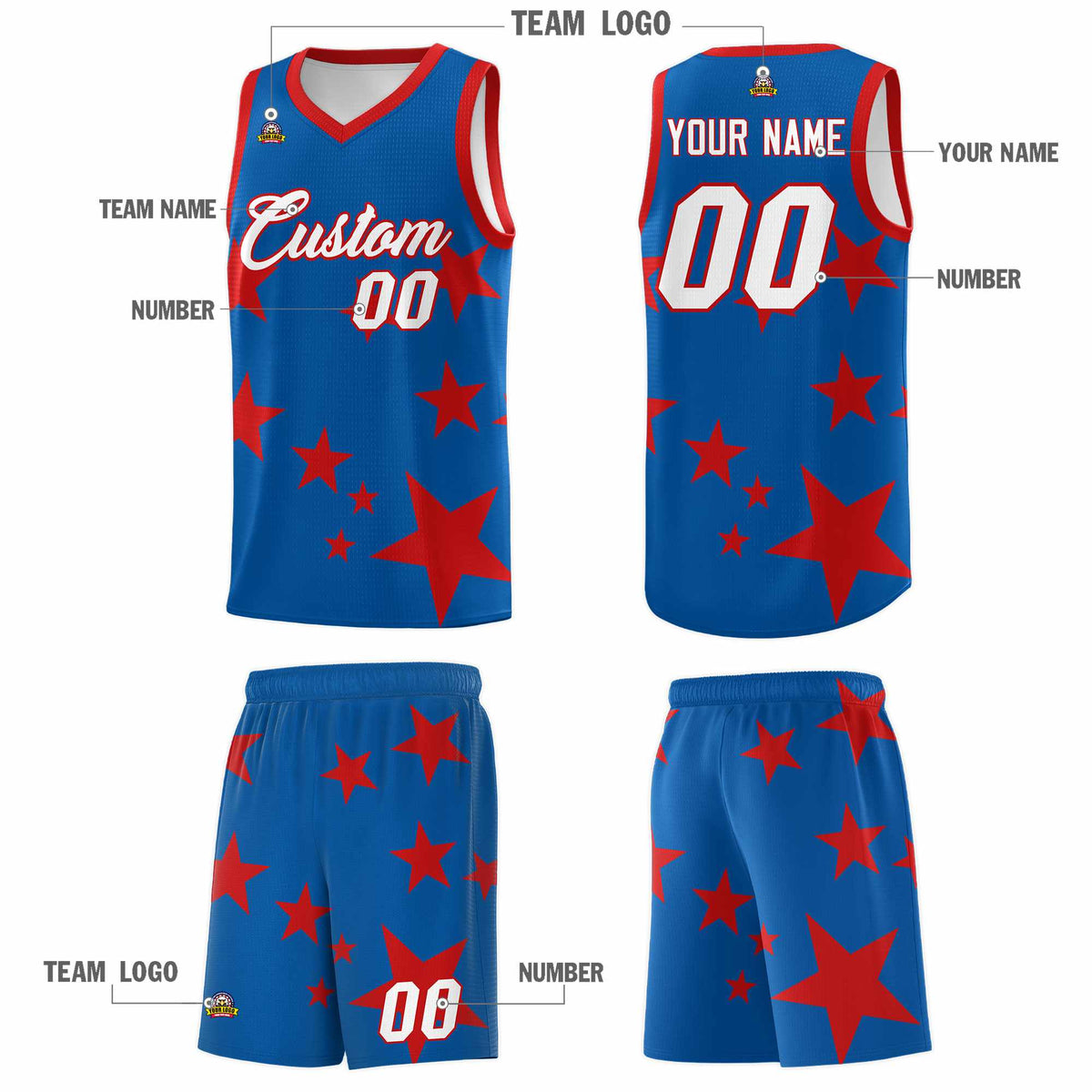 Custom Royal Red Graffiti Pattern Star Print Basketball Jersey Kits|KXKSHOP