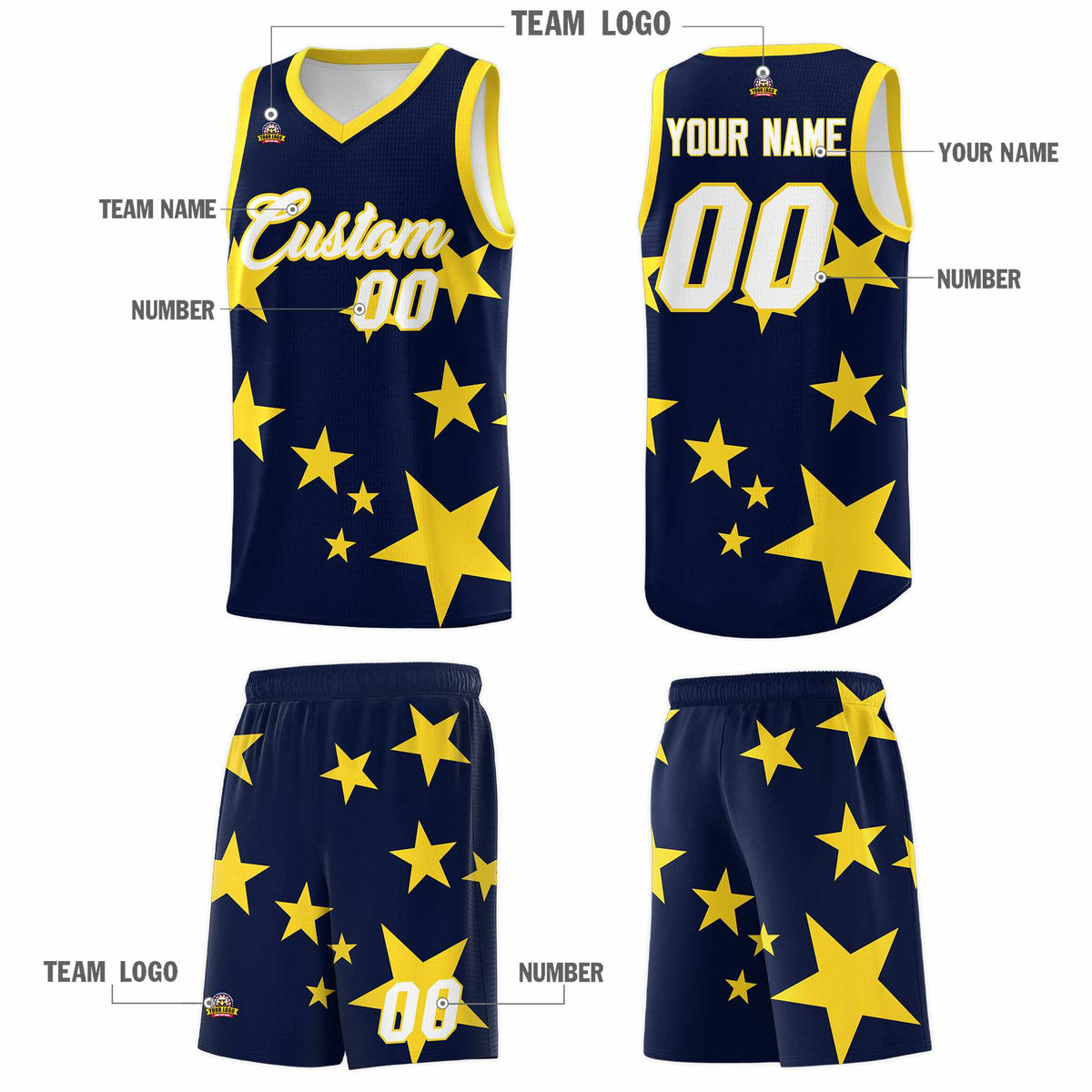 Custom Navy Gold Graffiti Pattern Star Print Basketball Jersey Kits|KXKSHOP