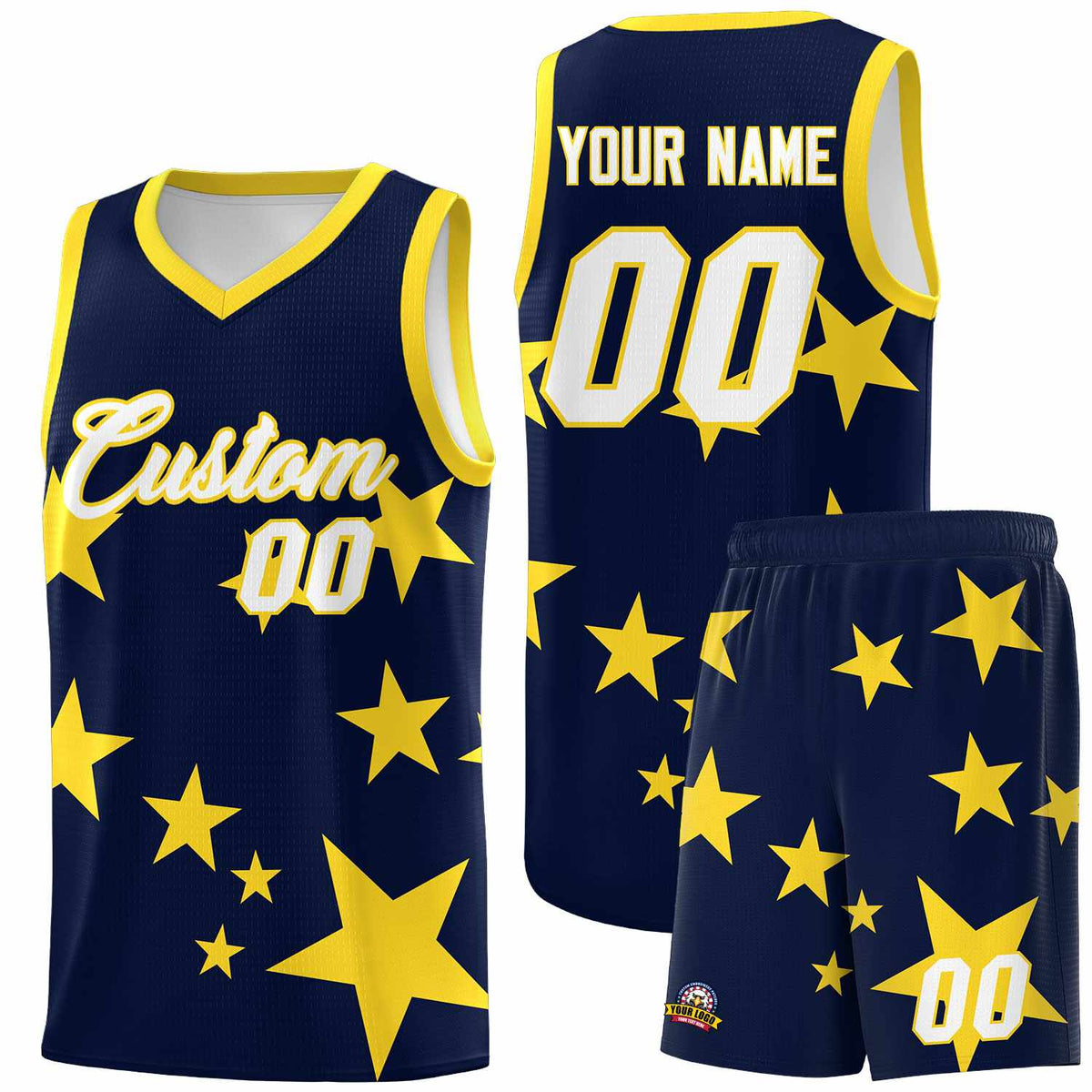 Custom Navy Gold Graffiti Pattern Star Print Basketball Jersey Kits|KXKSHOP