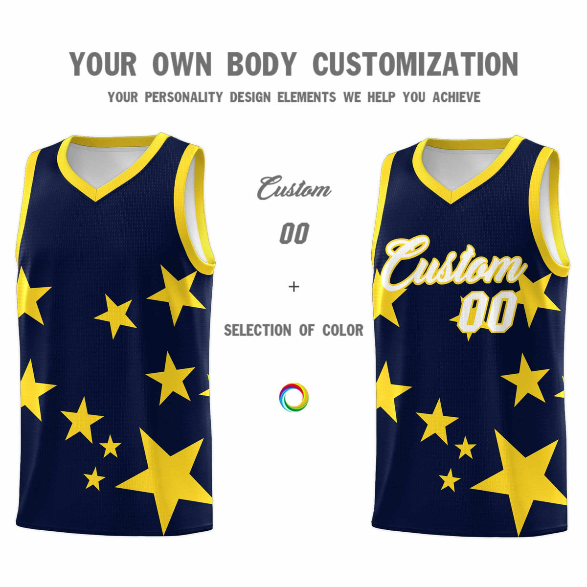 Custom Navy Gold Graffiti Pattern Star Print Basketball Jersey Kits|KXKSHOP