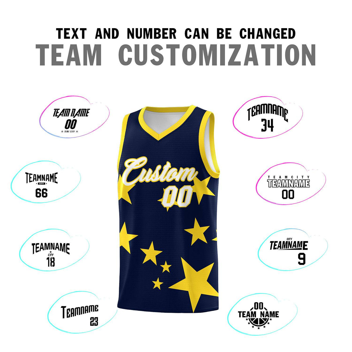 Custom Navy Gold Graffiti Pattern Star Print Basketball Jersey Kits|KXKSHOP