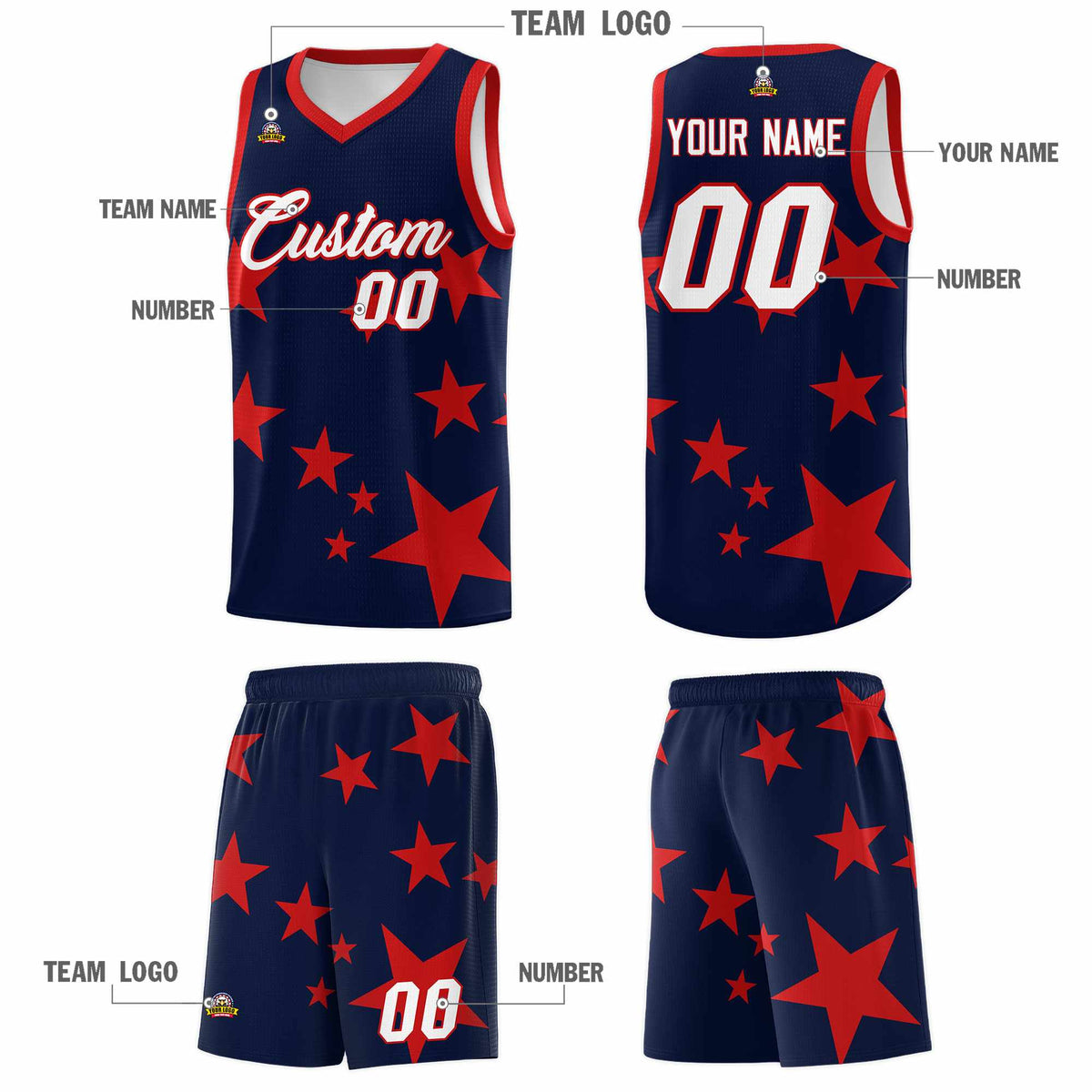 Custom Navy Red Graffiti Pattern Star Print Basketball Jersey Kits|KXKSHOP