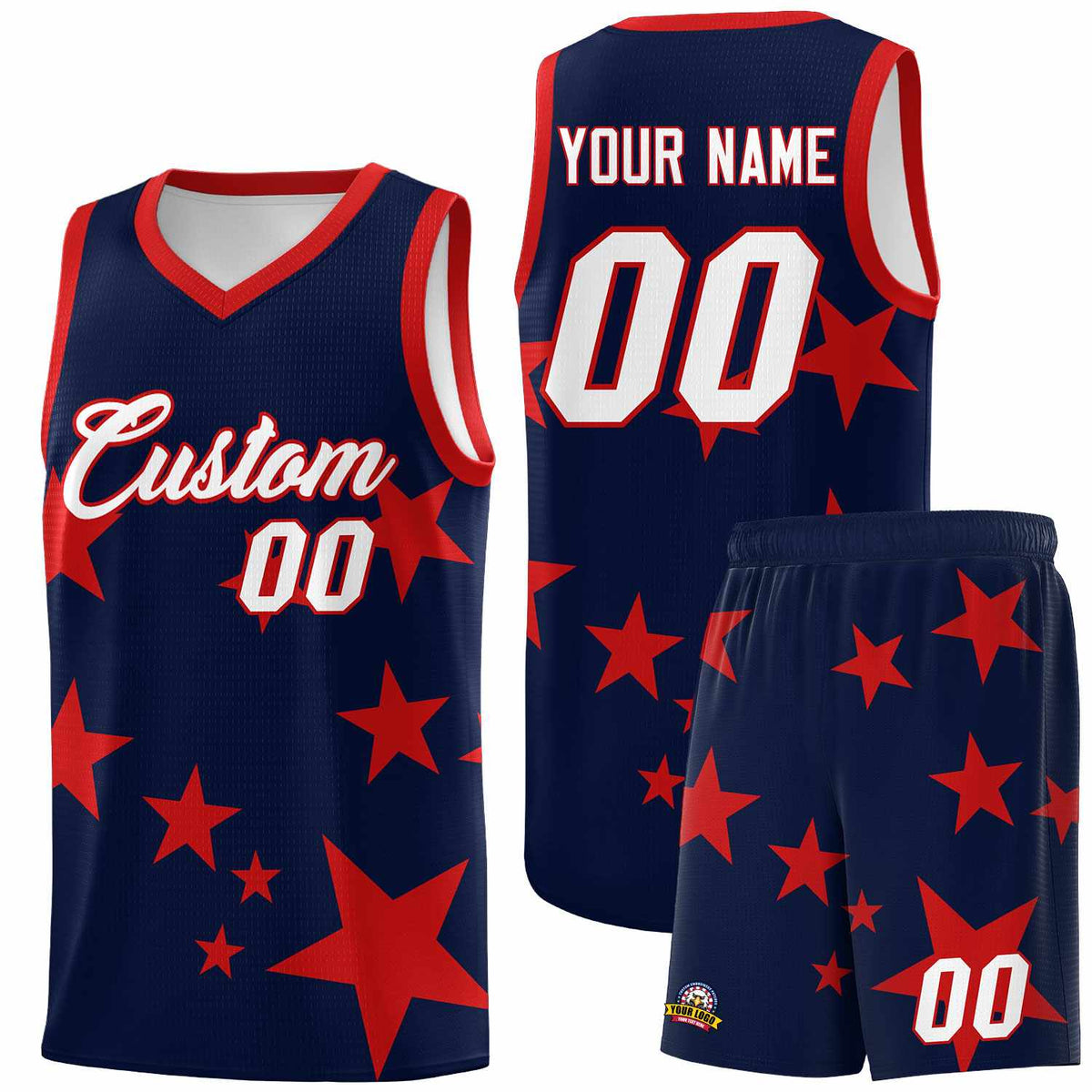Custom Navy Red Graffiti Pattern Star Print Basketball Jersey Kits|KXKSHOP