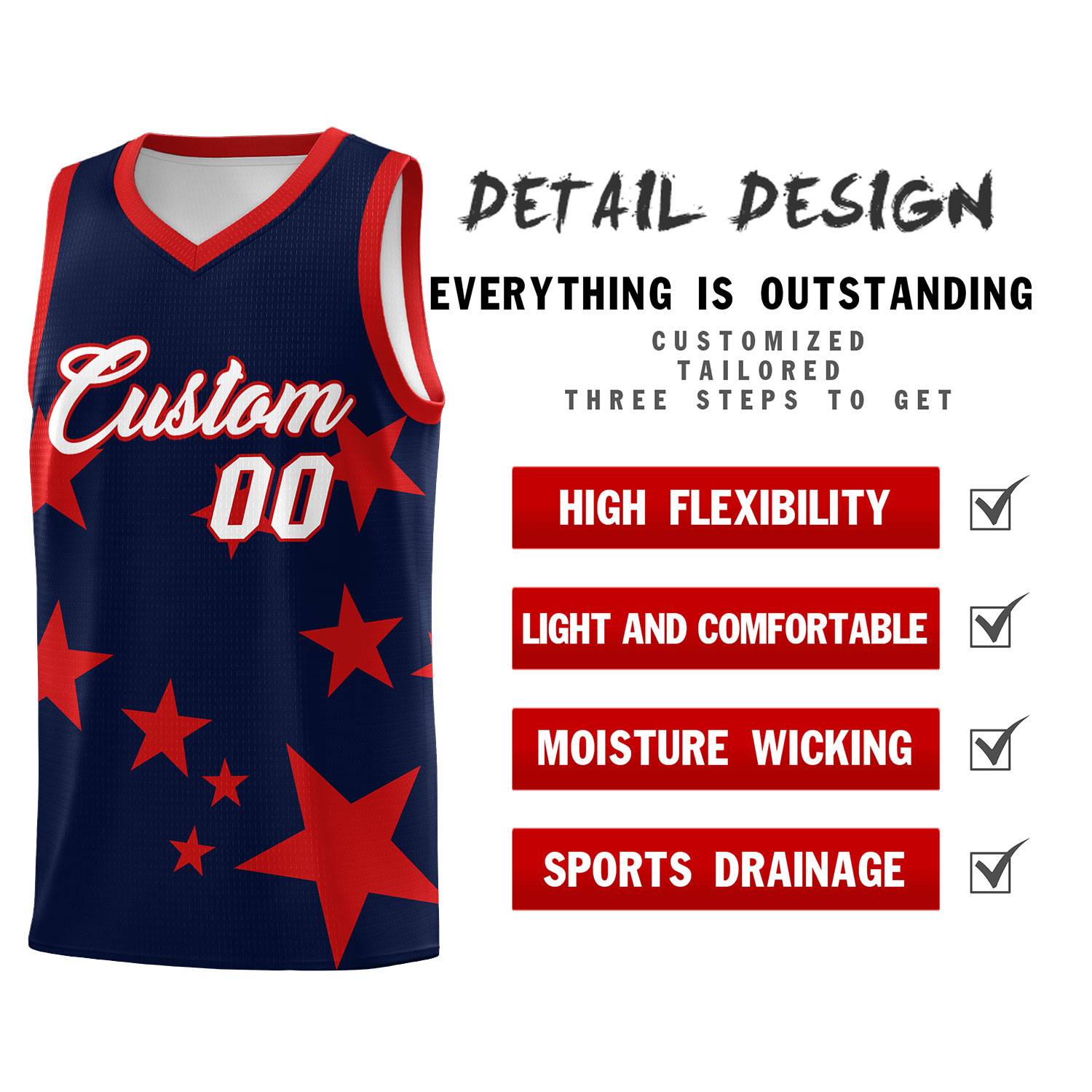 Custom Navy Red Graffiti Pattern Star Print Basketball Jersey Kits|KXKSHOP