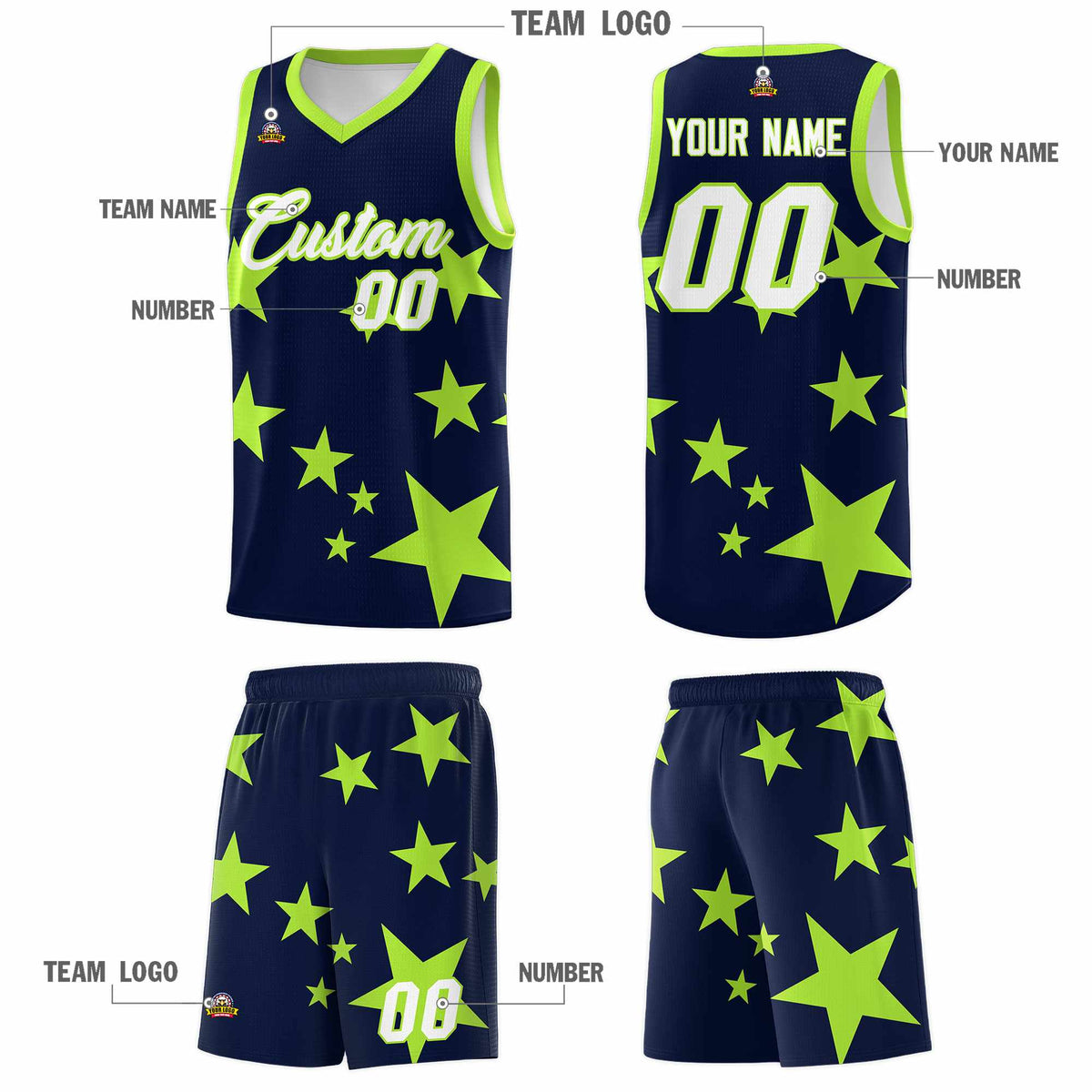 Custom Navy Light Green Graffiti Pattern Star Print Basketball Jersey Kits|KXKSHOP