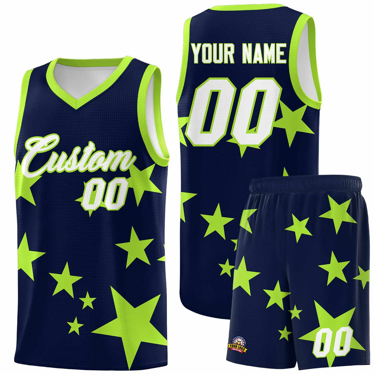 Custom Navy Light Green Graffiti Pattern Star Print Basketball Jersey Kits|KXKSHOP
