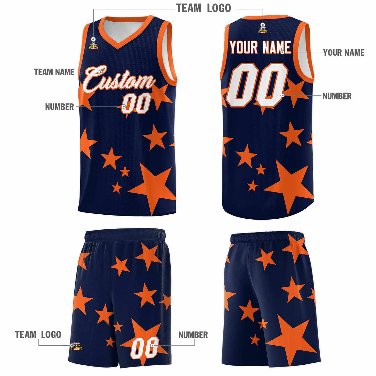 Custom Navy Orange Graffiti Pattern Star Print Basketball Jersey Kits|KXKSHOP