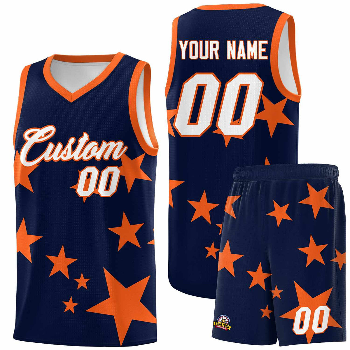 Custom Navy Orange Graffiti Pattern Star Print Basketball Jersey Kits|KXKSHOP
