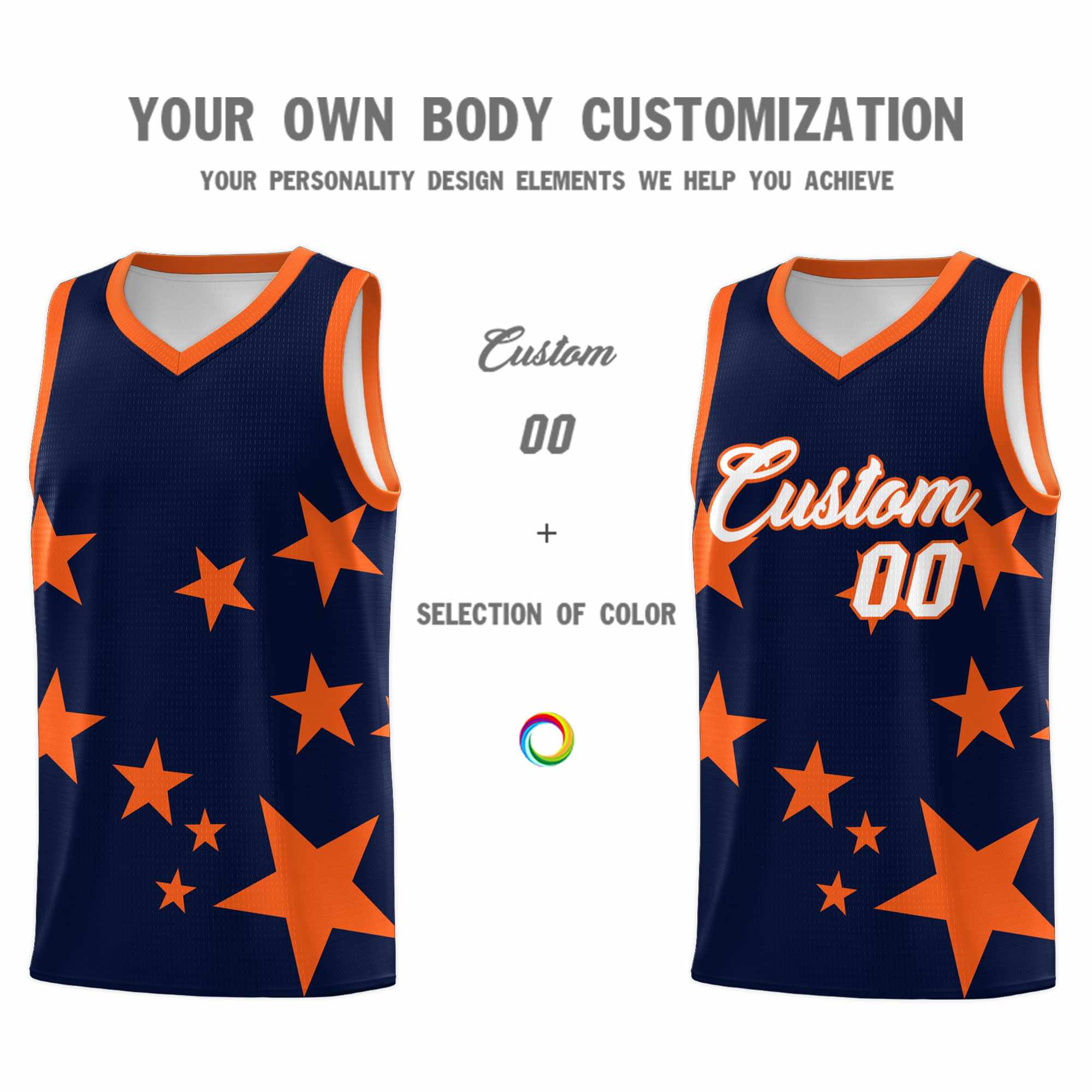 Custom Navy Orange Graffiti Pattern Star Print Basketball Jersey Kits|KXKSHOP