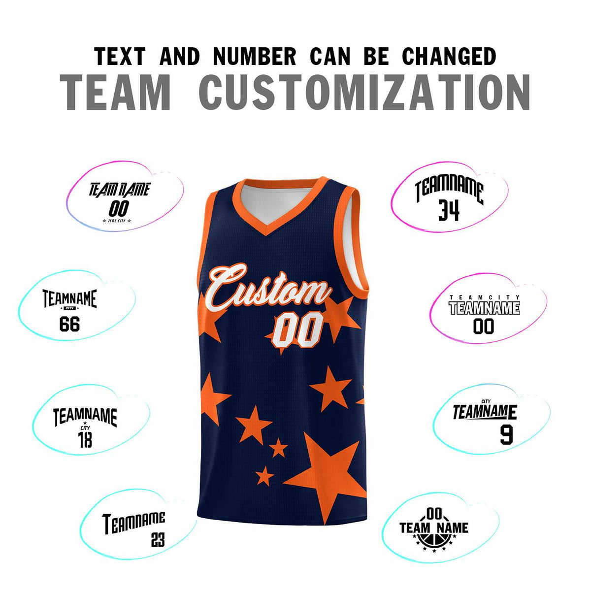 Custom Navy Orange Graffiti Pattern Star Print Basketball Jersey Kits|KXKSHOP