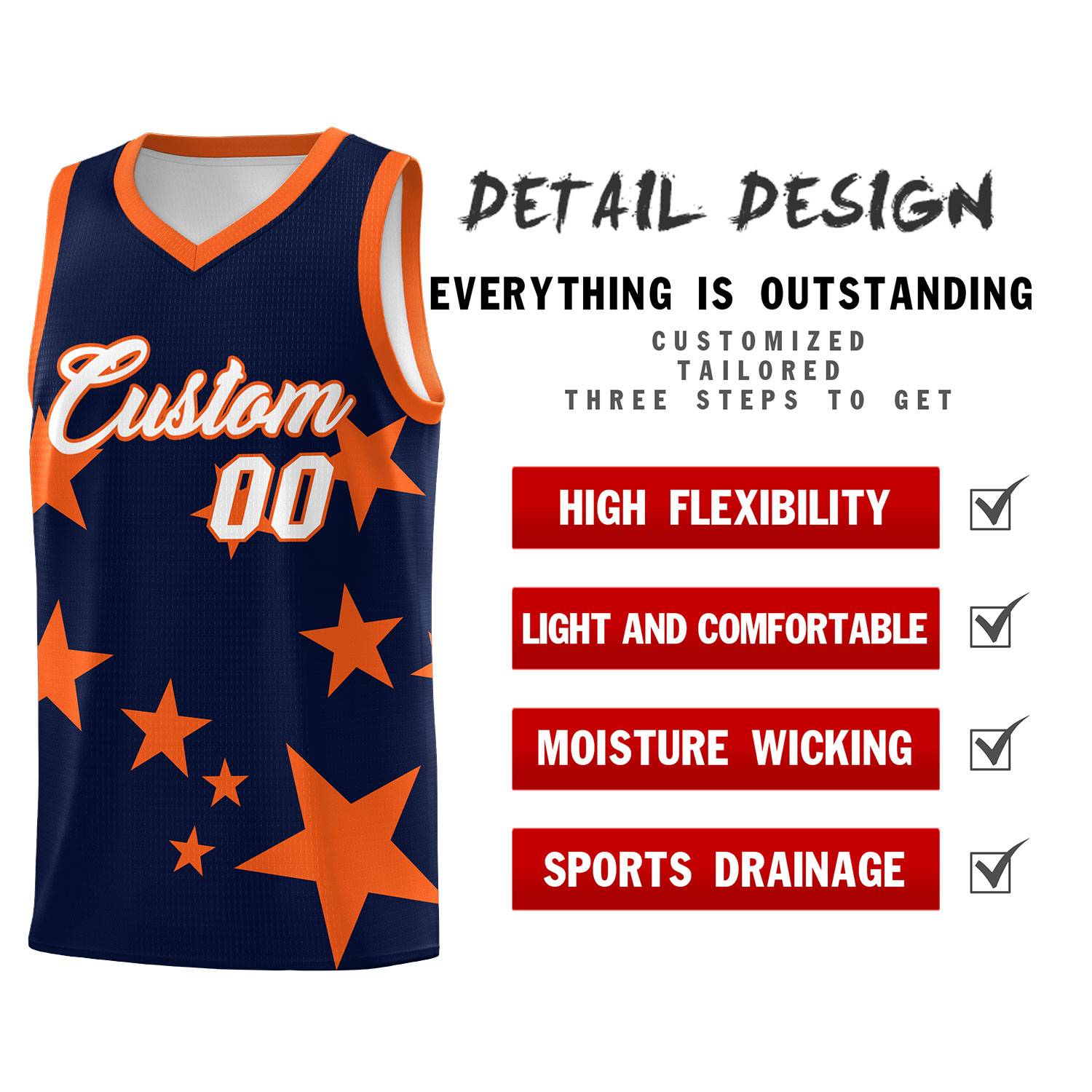 Custom Navy Orange Graffiti Pattern Star Print Basketball Jersey Kits|KXKSHOP
