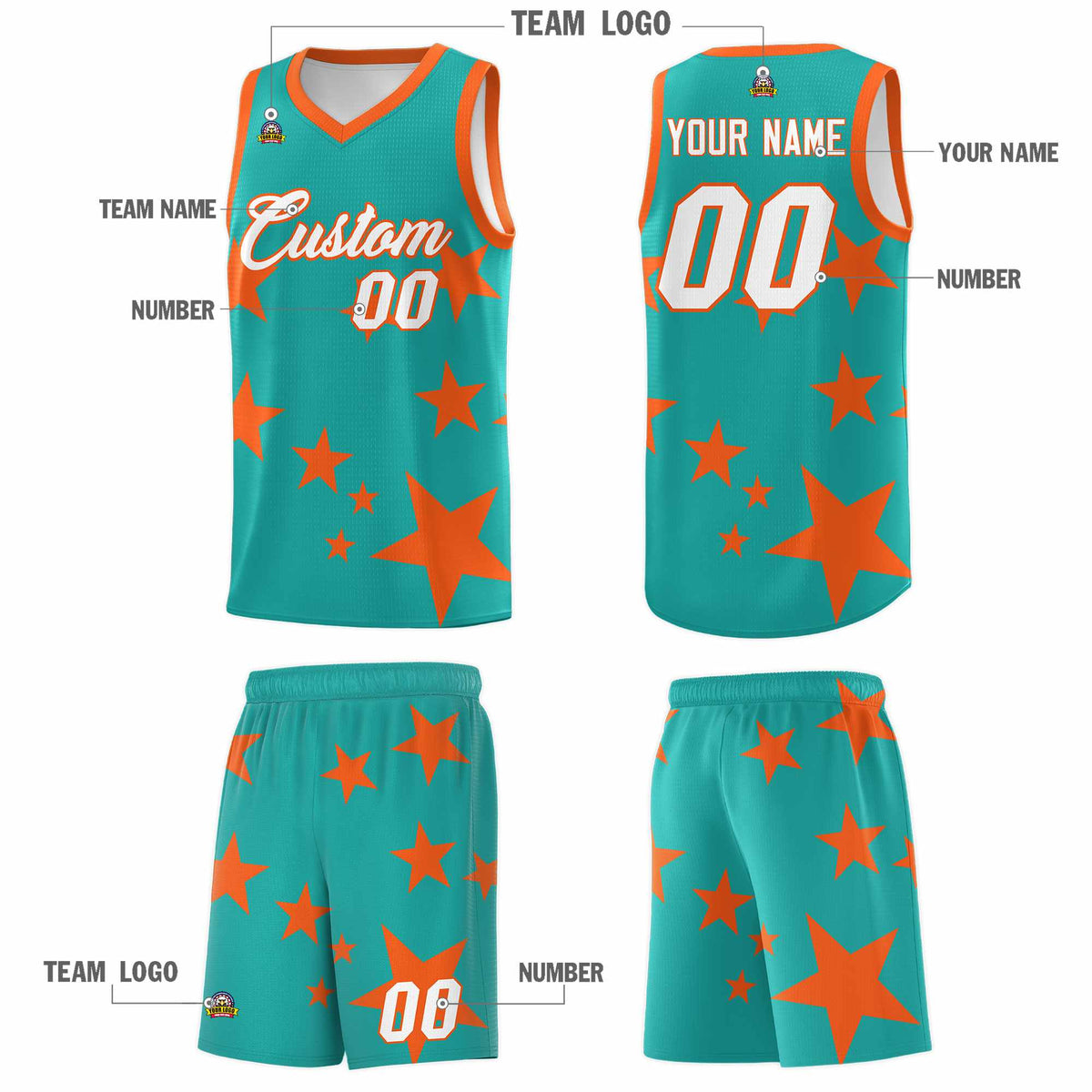 Custom Aqua Orange Graffiti Pattern Star Print Basketball Jersey Kits|KXKSHOP