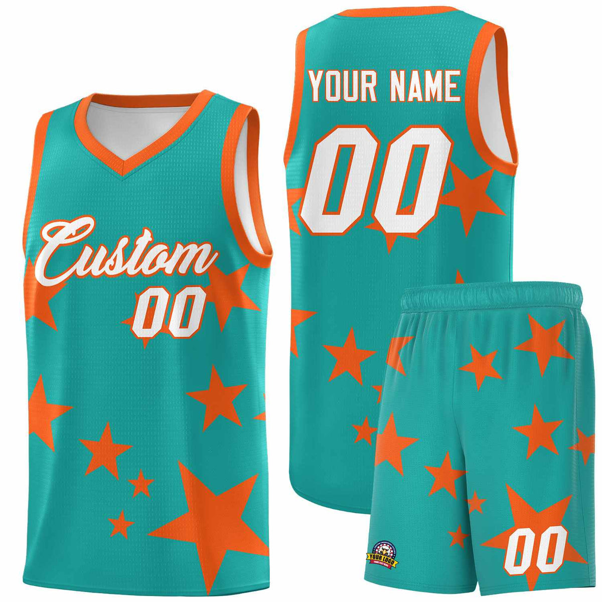 Custom Aqua Orange Graffiti Pattern Star Print Basketball Jersey Kits|KXKSHOP