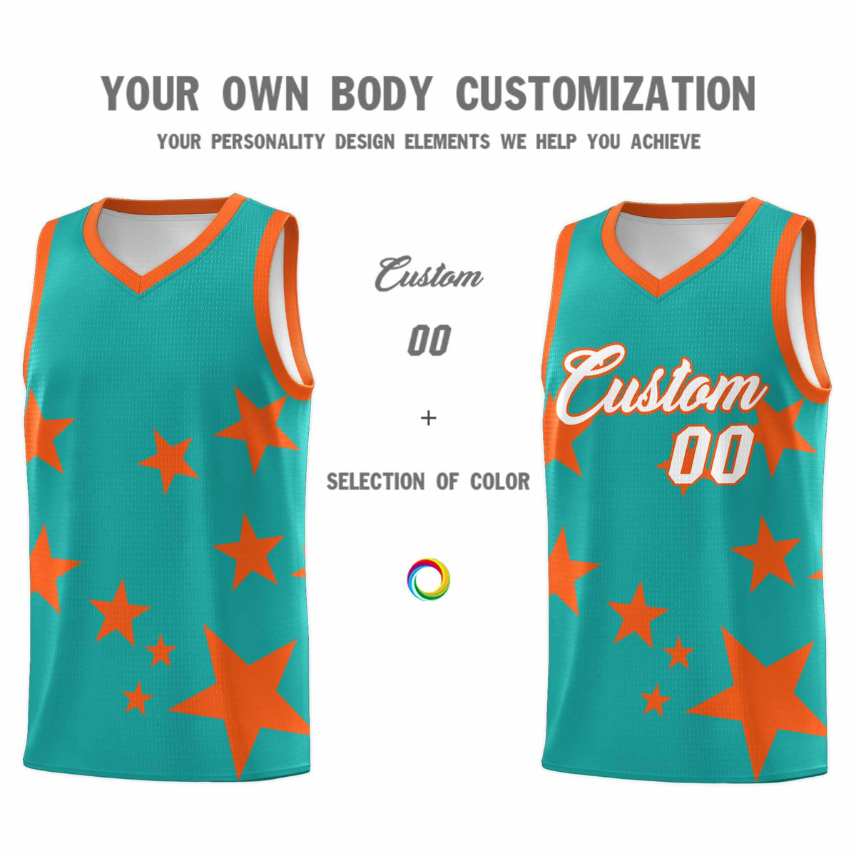 Custom Aqua Orange Graffiti Pattern Star Print Basketball Jersey Kits|KXKSHOP