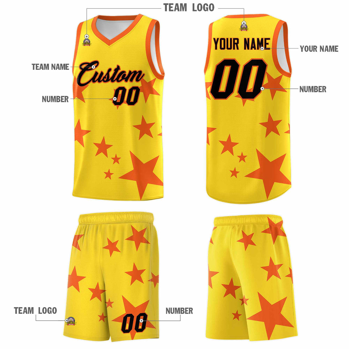 Custom Gold Orange Graffiti Pattern Star Print Basketball Jersey Kits|KXKSHOP