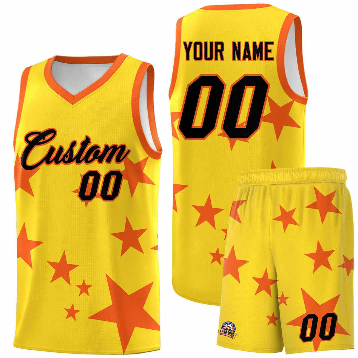 Custom Gold Orange Graffiti Pattern Star Print Basketball Jersey Kits|KXKSHOP