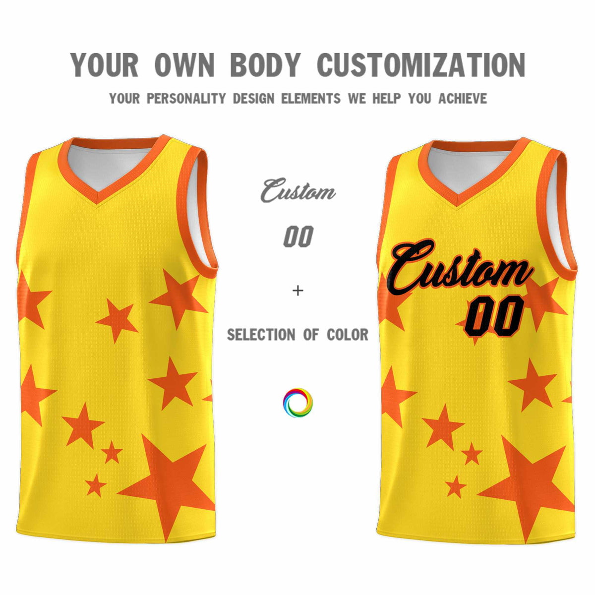 Custom Gold Orange Graffiti Pattern Star Print Basketball Jersey Kits|KXKSHOP