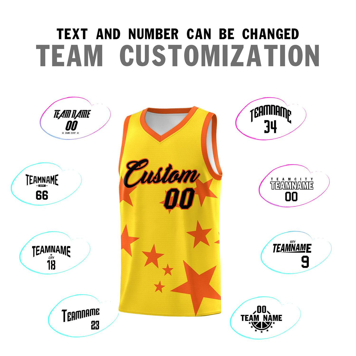 Custom Gold Orange Graffiti Pattern Star Print Basketball Jersey Kits|KXKSHOP