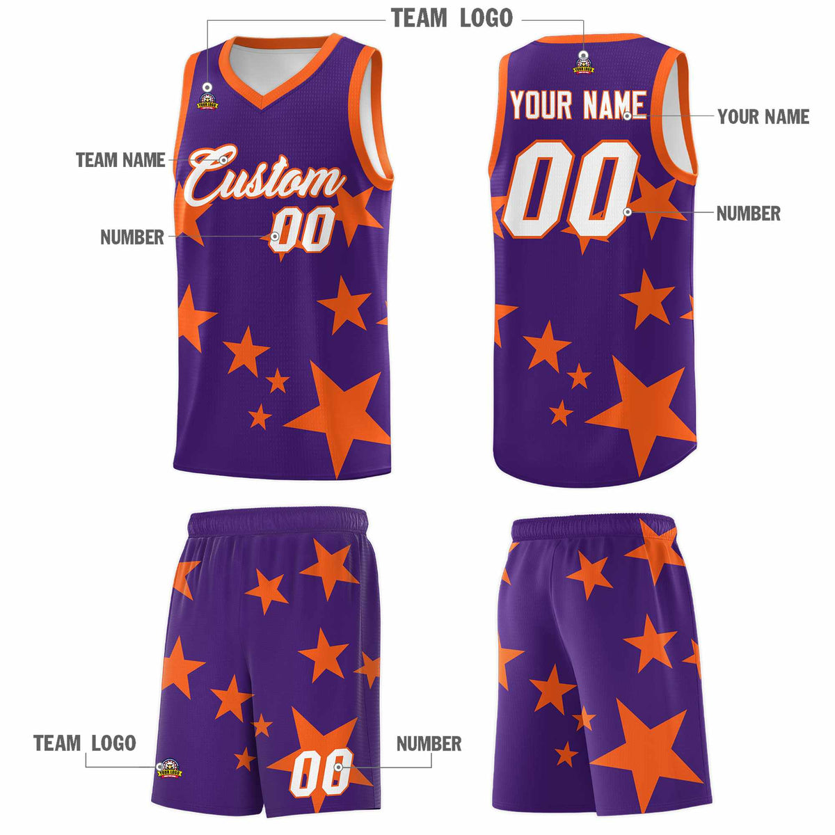 Custom Purple Orange Graffiti Pattern Star Print Basketball Jersey Kits|KXKSHOP