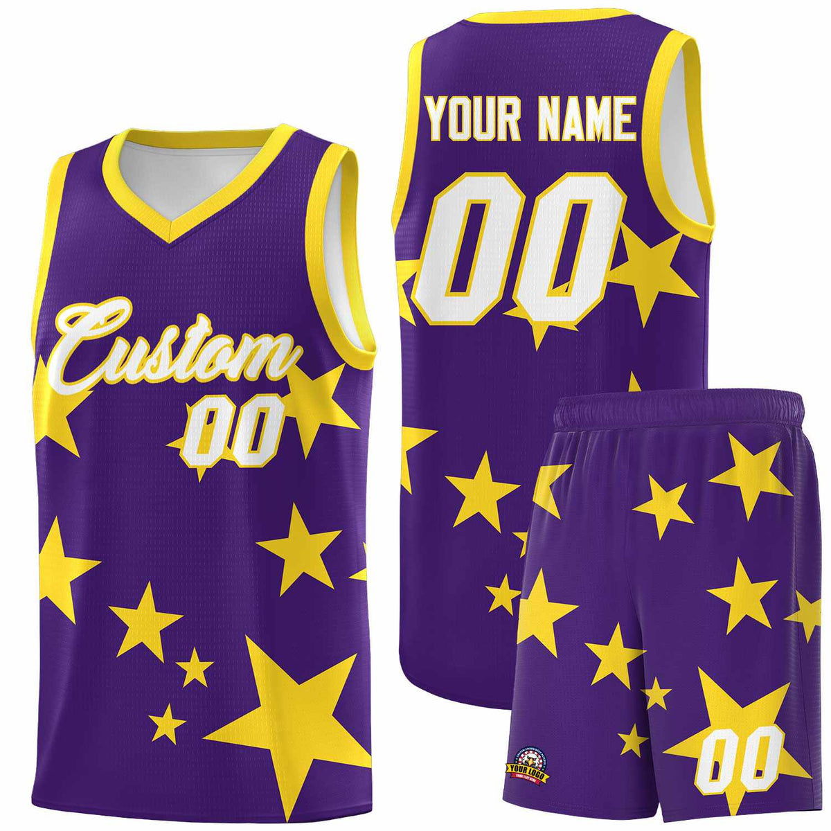 Custom Purple Gold Graffiti Pattern Star Print Basketball Jersey Kits|KXKSHOP