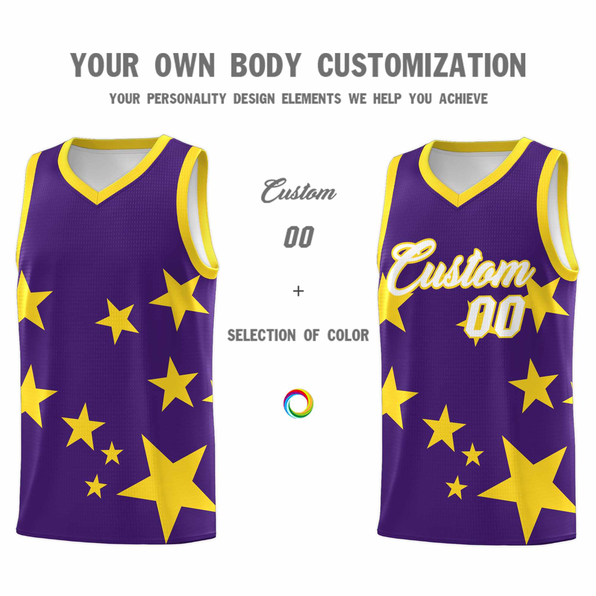 Custom Purple Gold Graffiti Pattern Star Print Basketball Jersey Kits|KXKSHOP