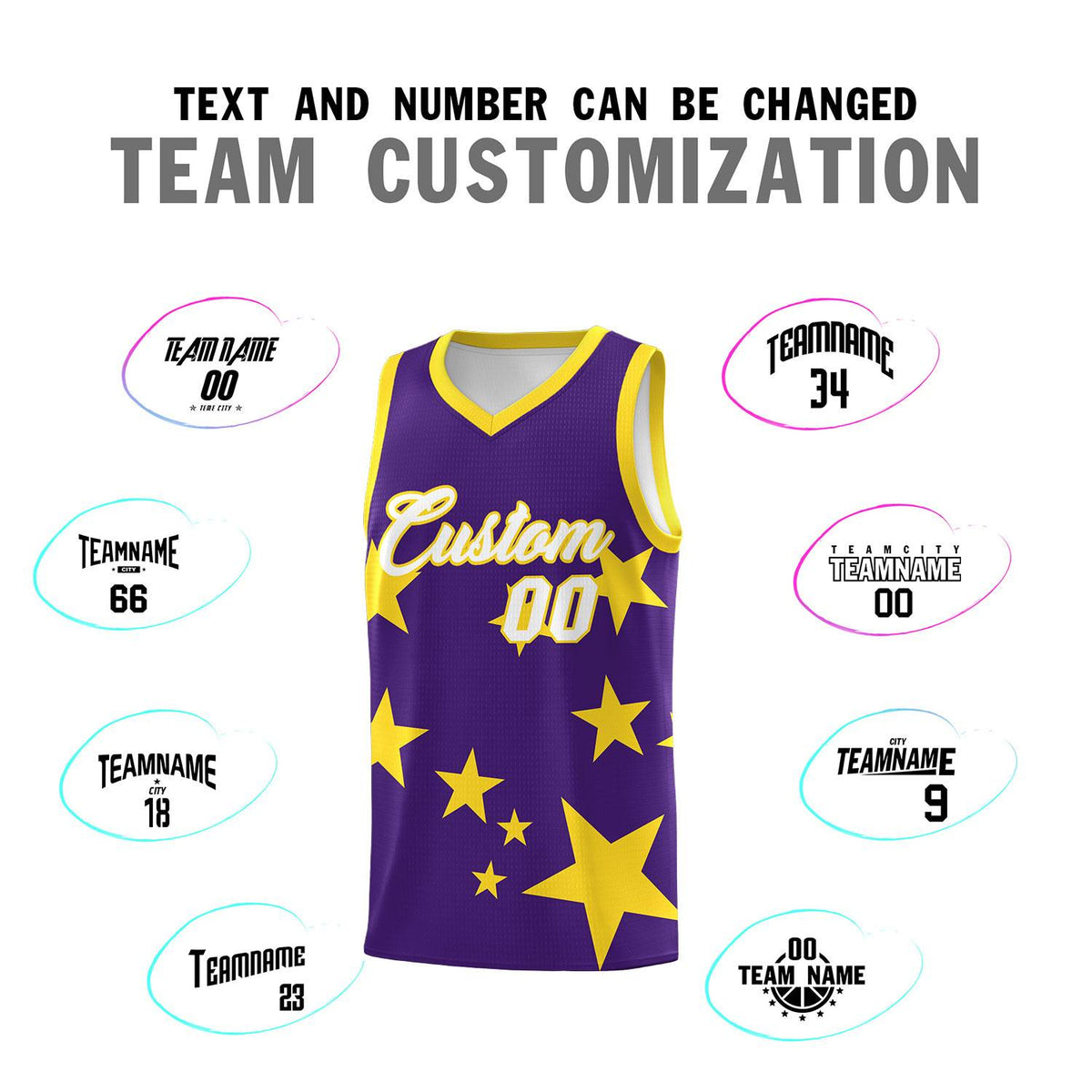 Custom Purple Gold Graffiti Pattern Star Print Basketball Jersey Kits|KXKSHOP
