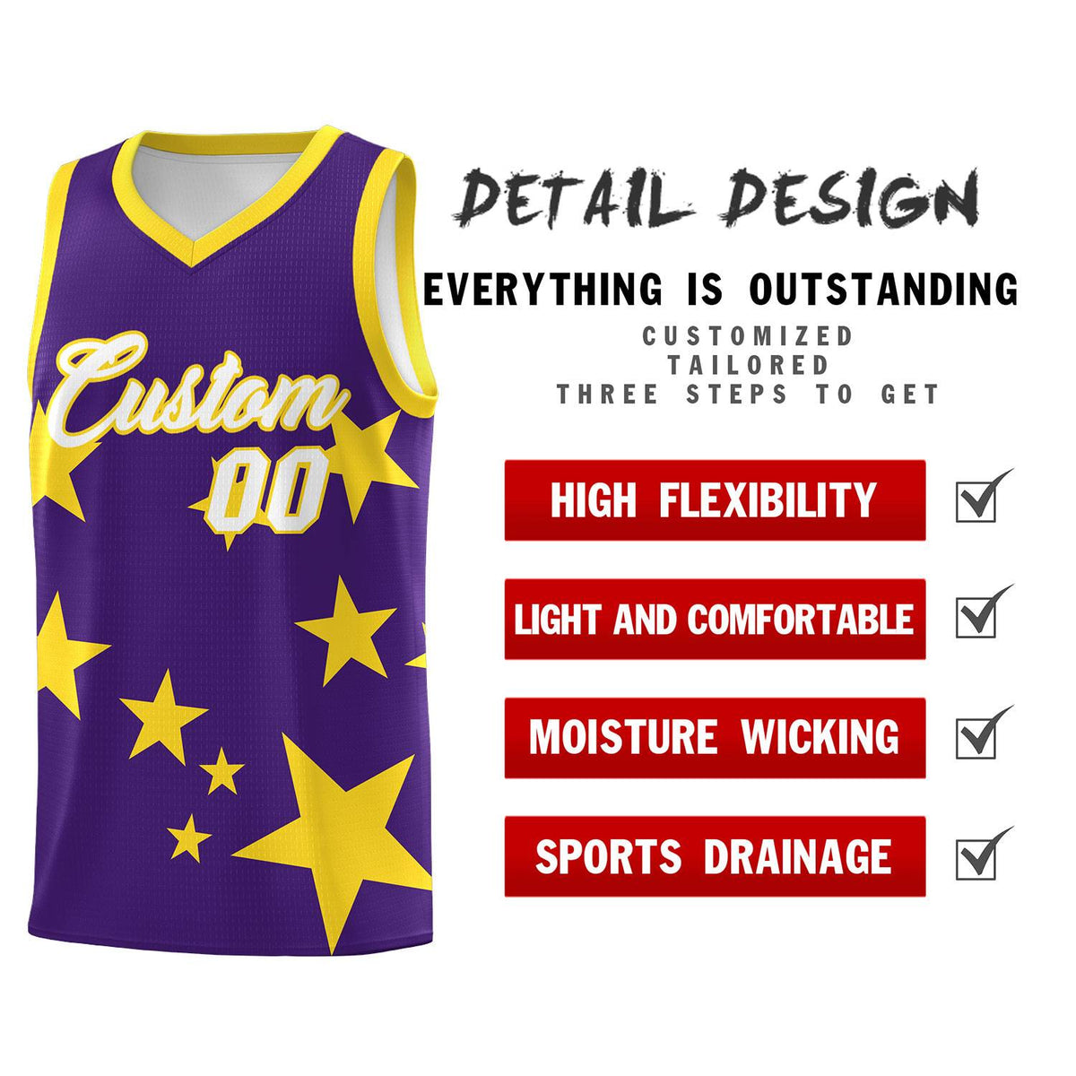 Custom Purple Gold Graffiti Pattern Star Print Basketball Jersey Kits|KXKSHOP