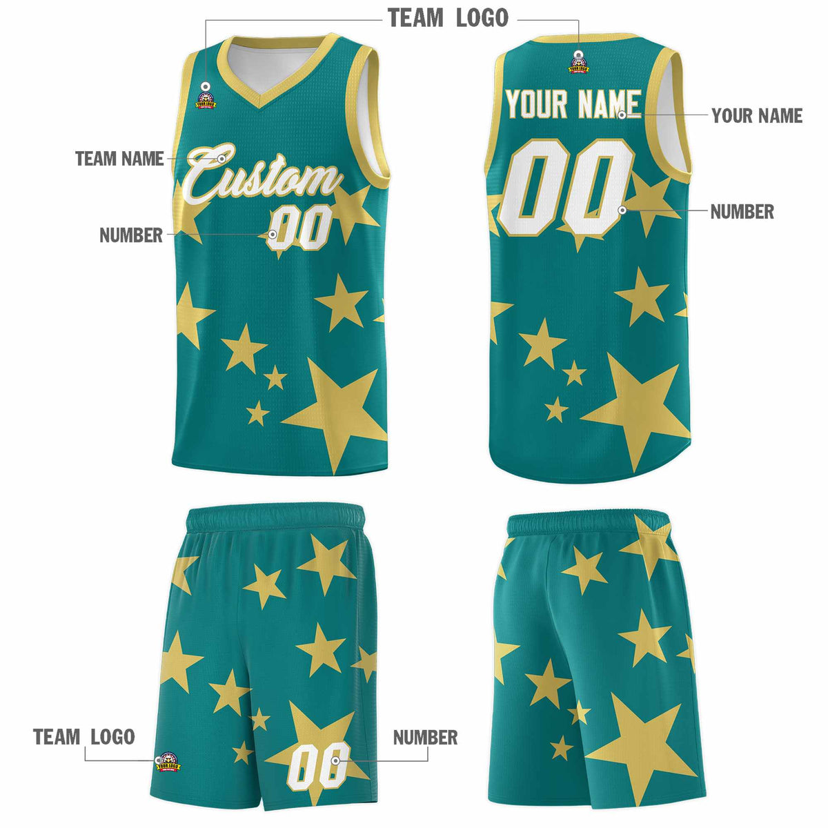 Custom Aqua Old Gold Graffiti Pattern Star Print Basketball Jersey Kits|KXKSHOP