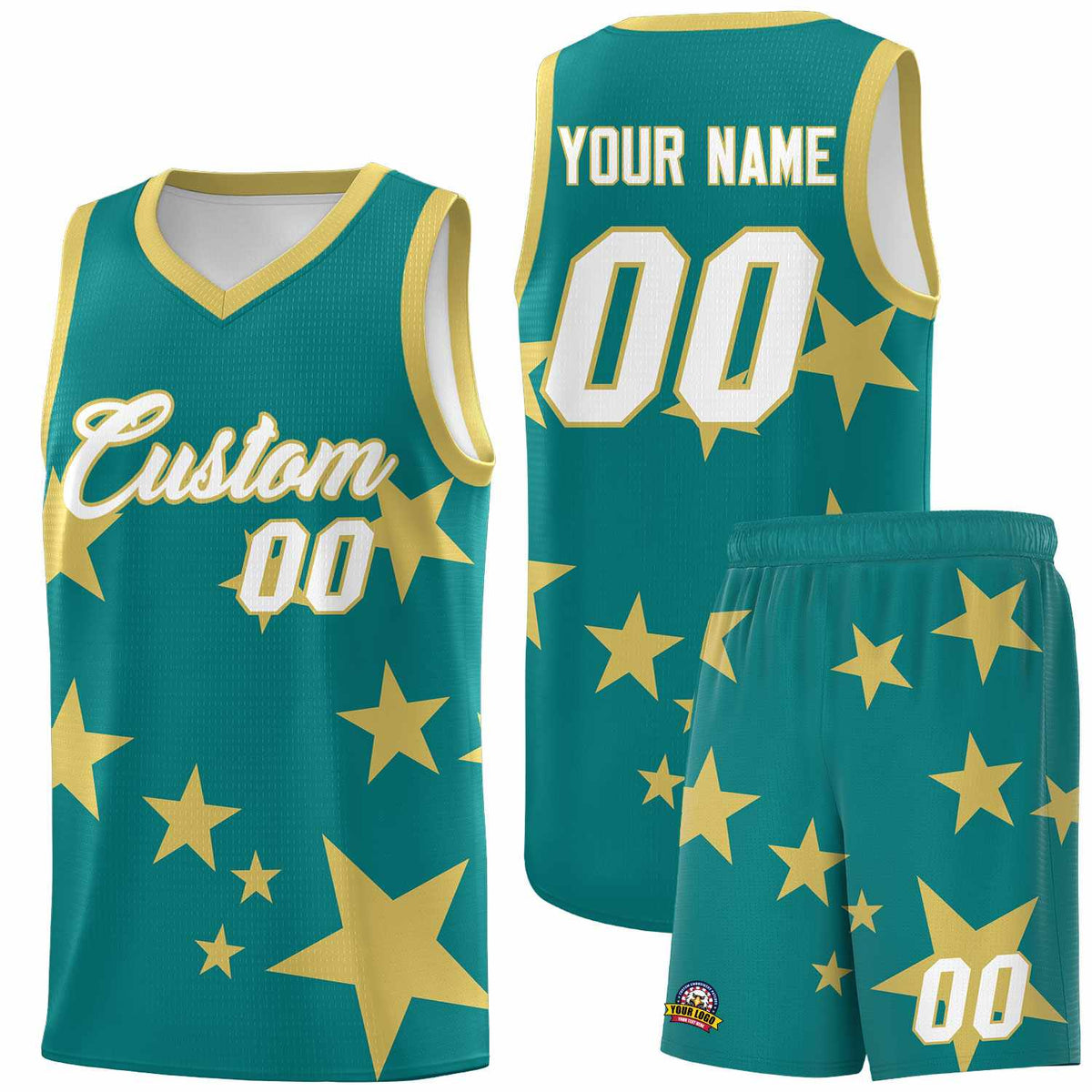 Custom Aqua Old Gold Graffiti Pattern Star Print Basketball Jersey Kits|KXKSHOP